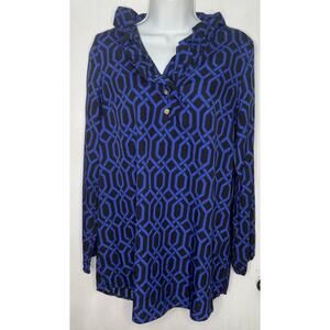 MUD PIE Blouse Long Tunic Women's Blue Ruffle Neck Size Small (4-6) Buttons